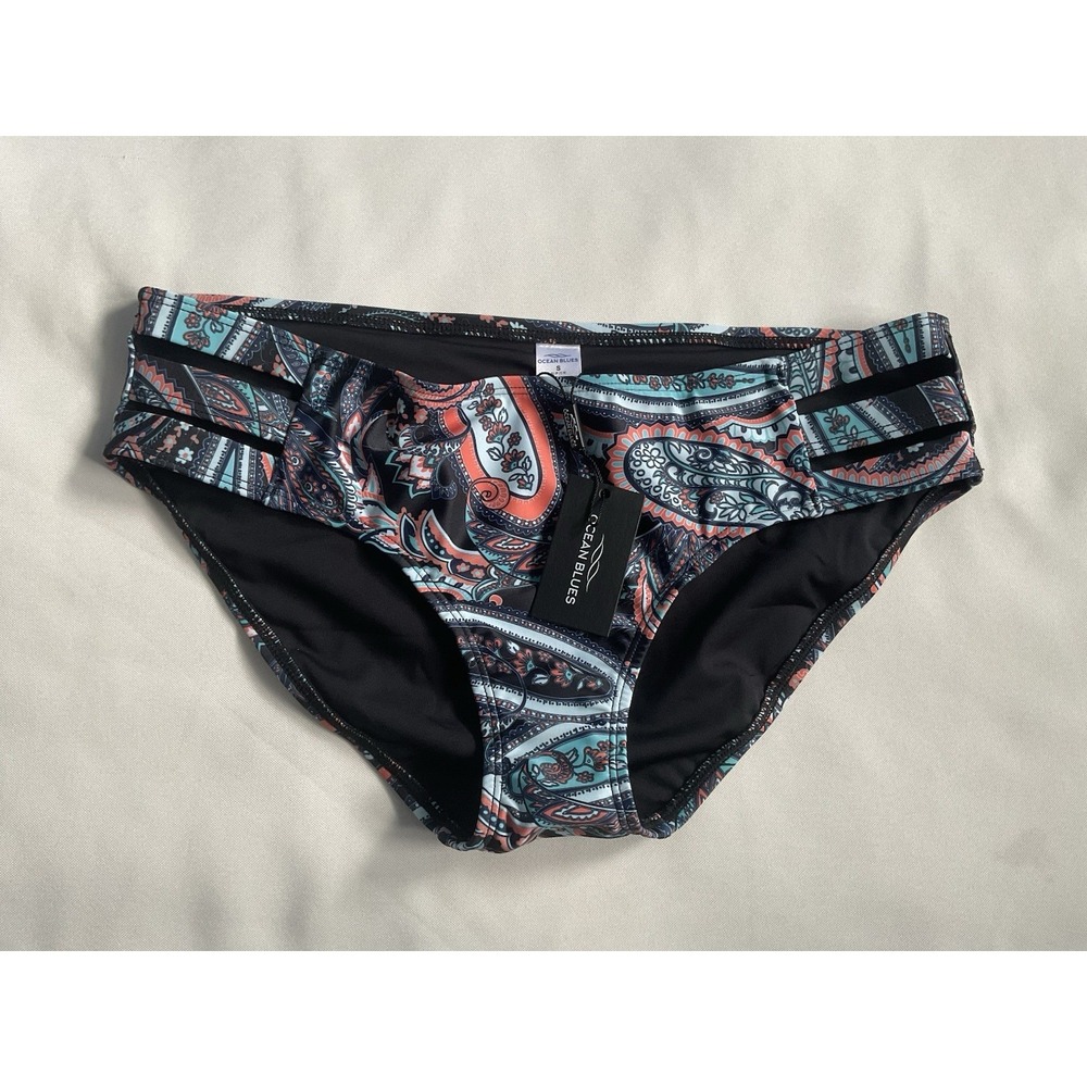 Ocean Blues Strappy Bikini Bottom Full Coverage Leaf Print Navy Orange Sz‎ Small